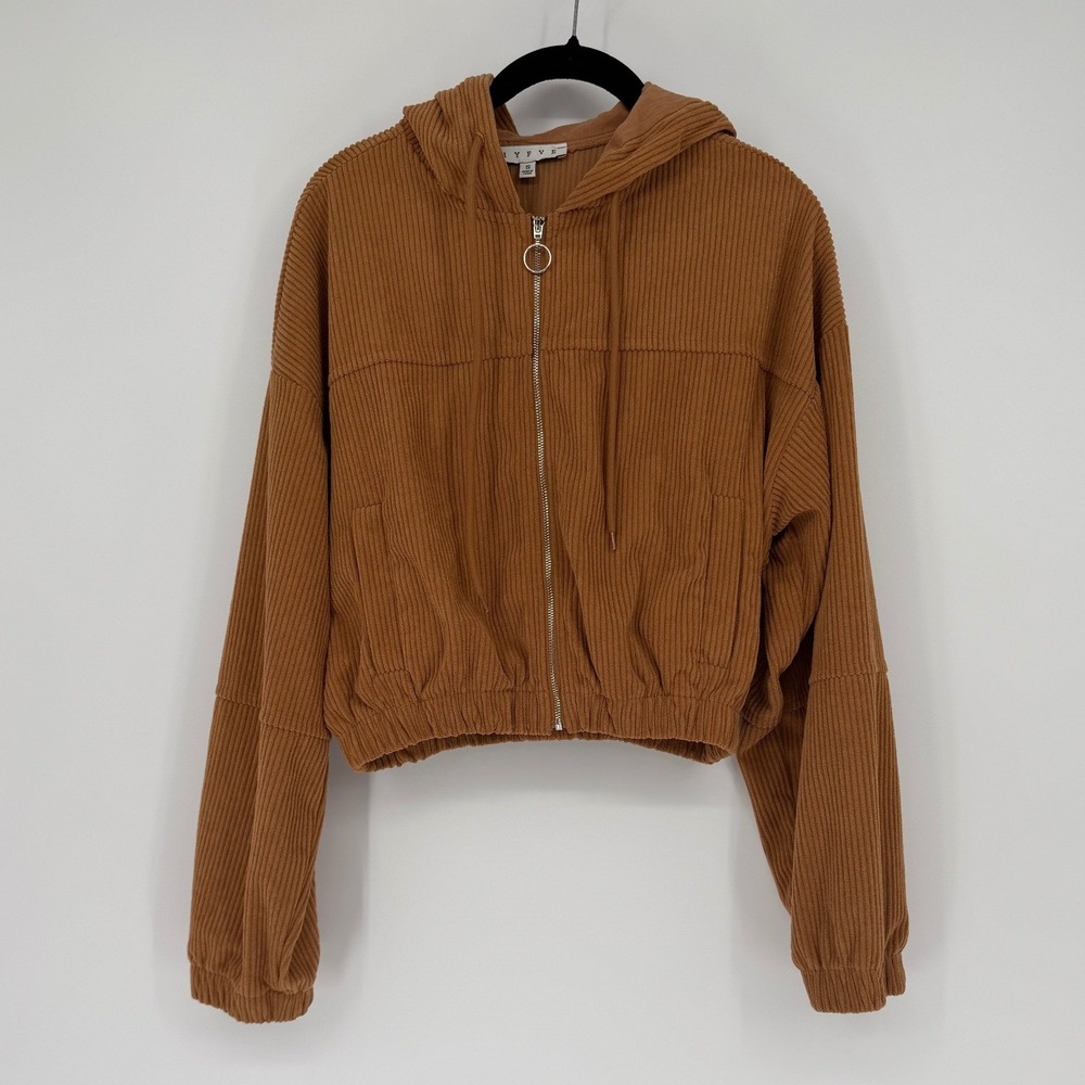 Hyfve Caramel Brown Corduroy Cropped Zip Up Hoodie Jacket Small